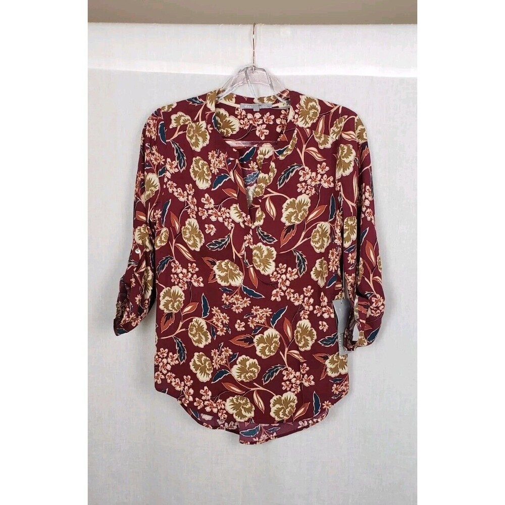 Daniel Rainn Blouse Top M Brown Multicolor‎ Floral Roll Tab Sleeves Autumn Fall